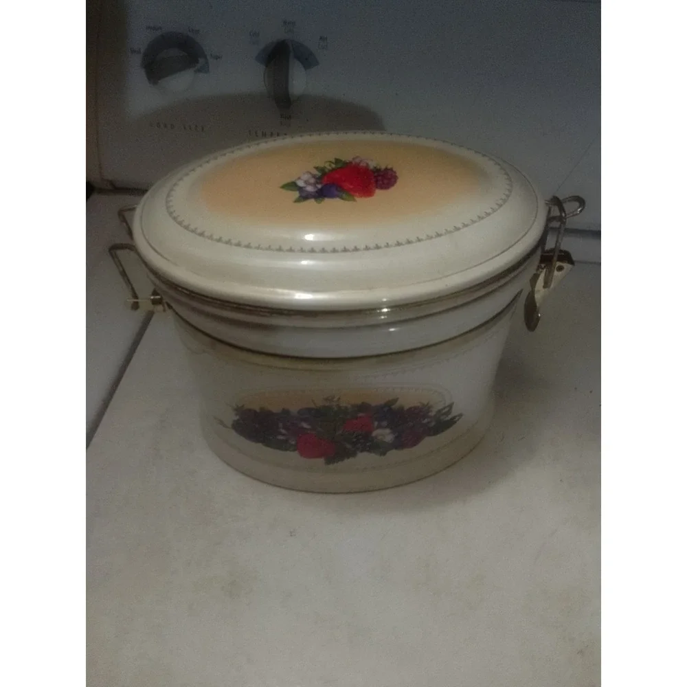 Knott's Berry Farm‎ Ceramic Canister with Metal Clamp and Fruit Design, Vintage